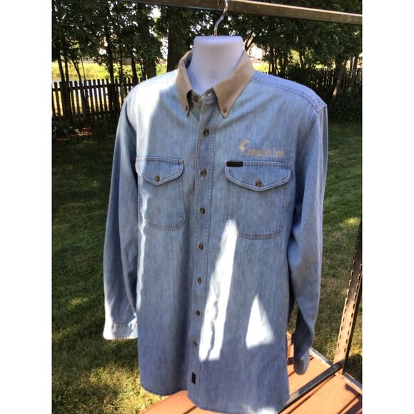 Woolrich Mens Denim Button-Up Shirt With Logo Embroidered On Chest & Beige Colla - Picture 1 of 9
